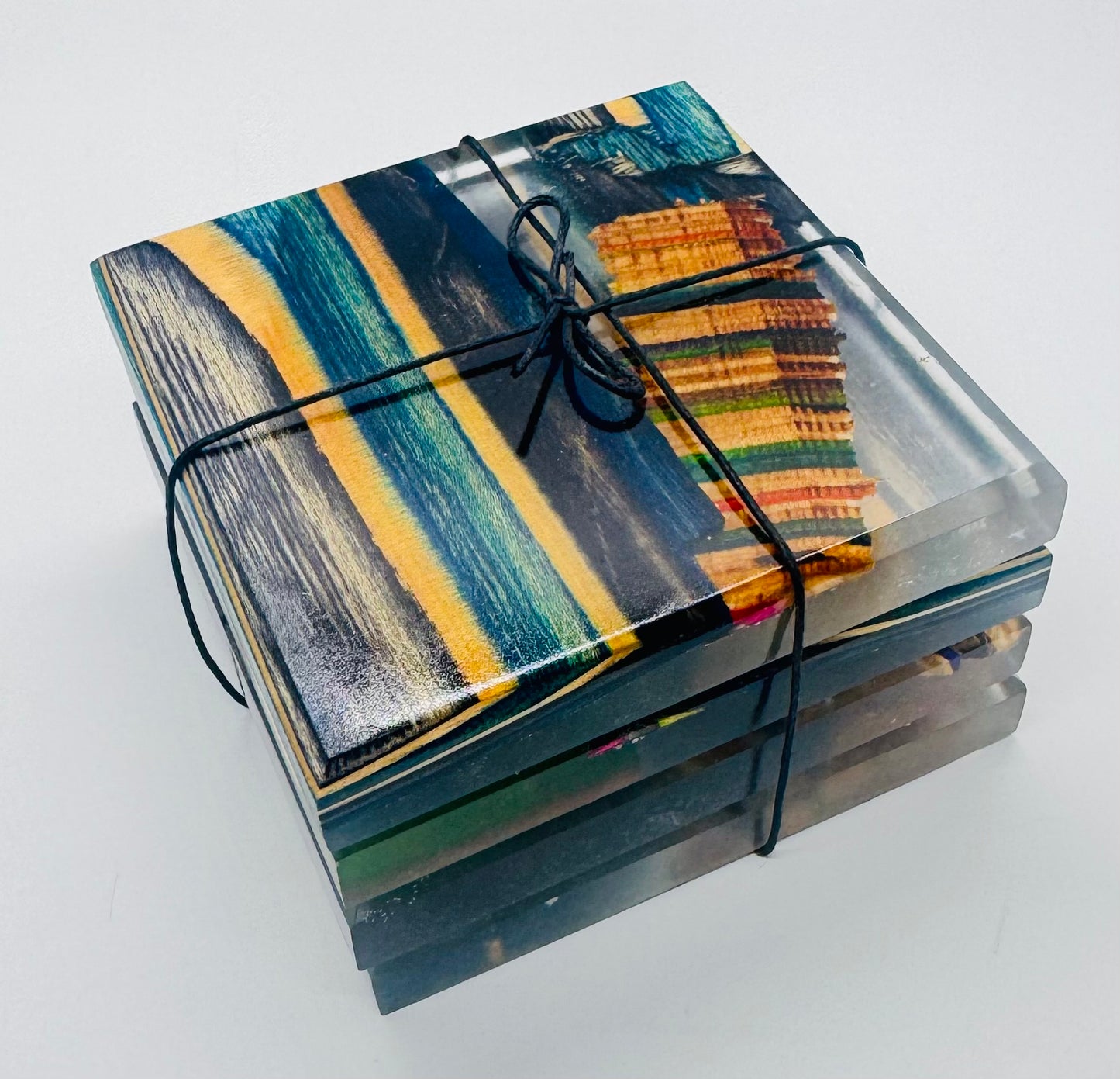 Recycled skateboards and epoxy coaster set