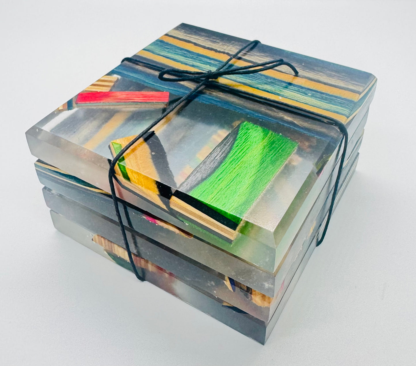 Recycled skateboards and epoxy coaster set