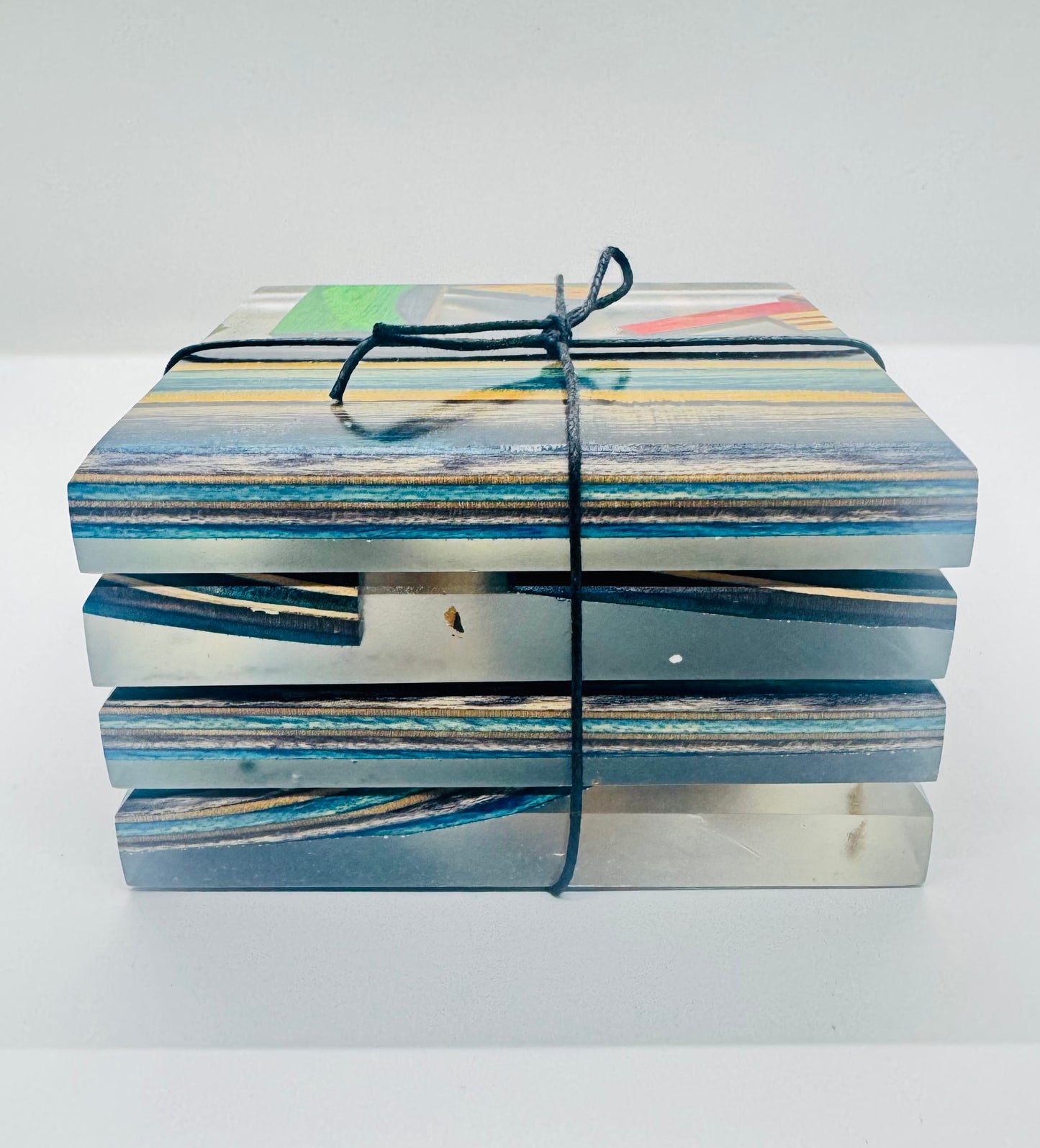 Recycled skateboards and epoxy coaster set
