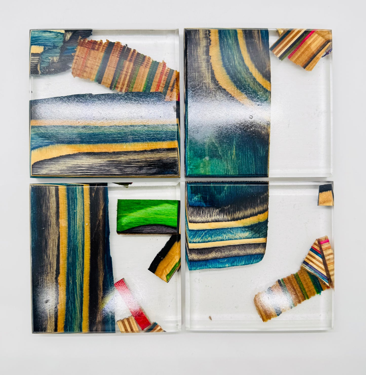 Recycled skateboards and epoxy coaster set