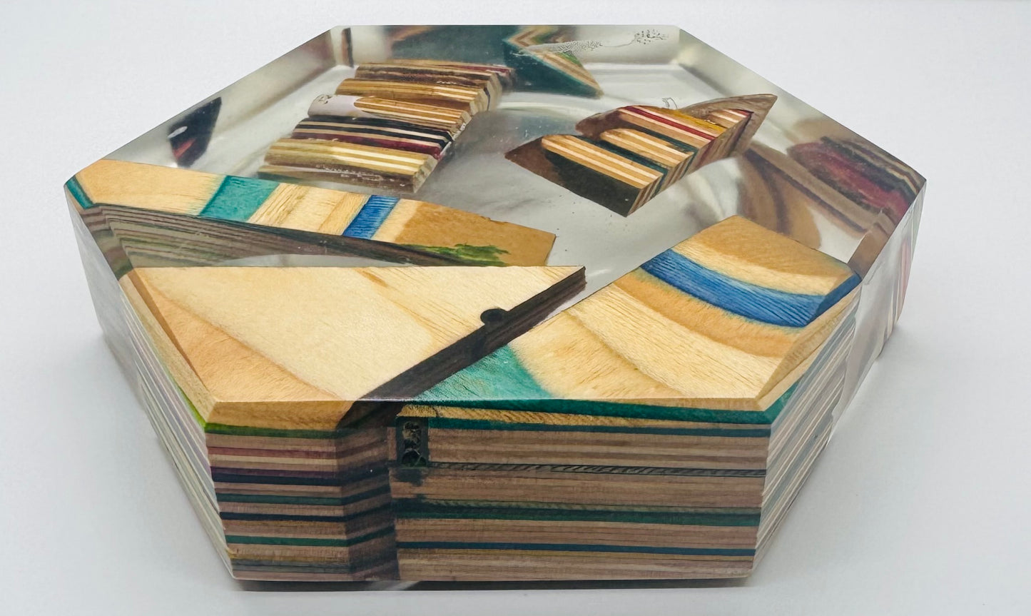 Recycled skateboards and epoxy catch all tray