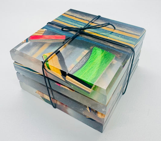Recycled skateboards and epoxy coaster set